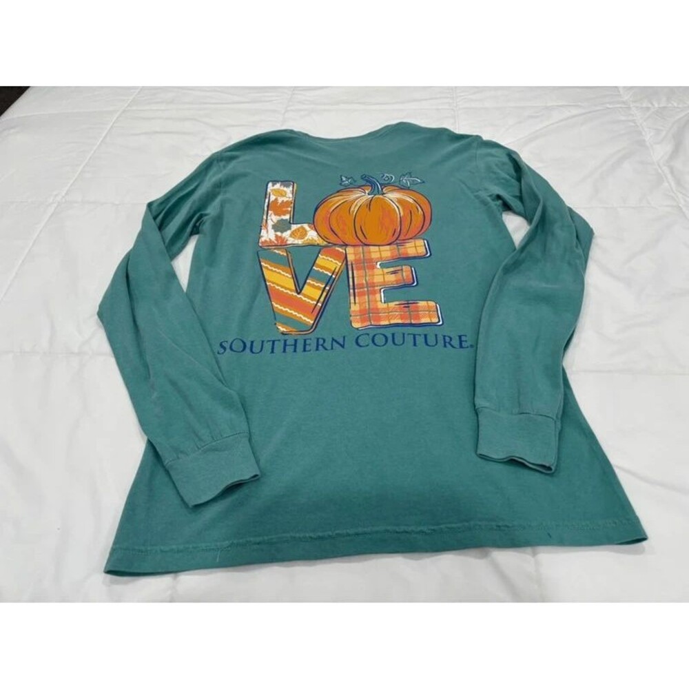 Ladies Teal Small Southern Couture Fall Pumpkin Ling Sleeve T-Shirt